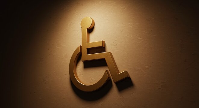 Golden disability sign on textured wall with soft light emphasizing accessibility - Powered by Adobe