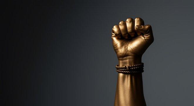 Golden fist raised in solidarity power and resistance concept background - Powered by Adobe