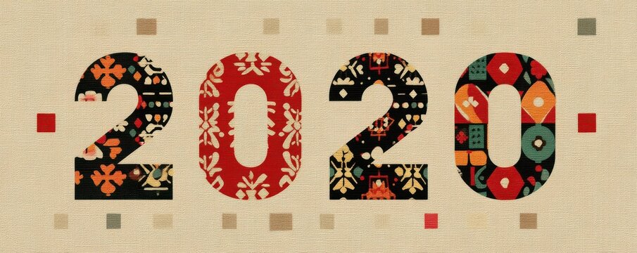 Decorative 2020 design with floral and geometric patterns on a beige textured background