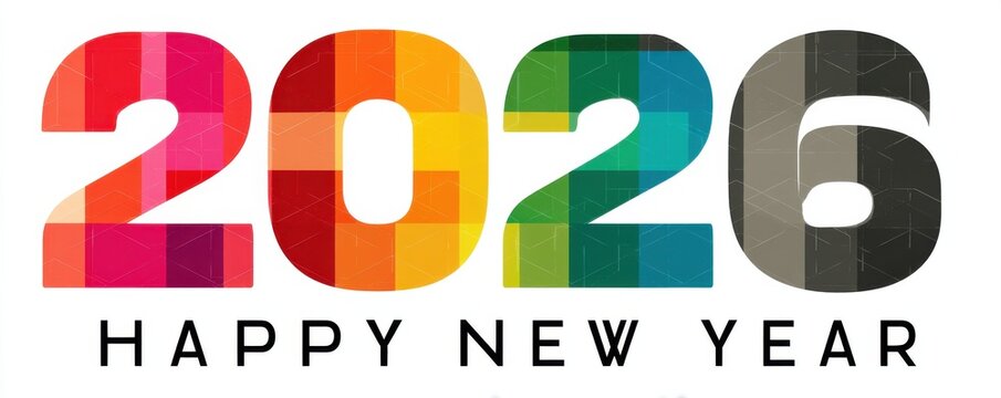 Colorful 2026 Happy New Year graphic design with bold numbers and celebratory vibes