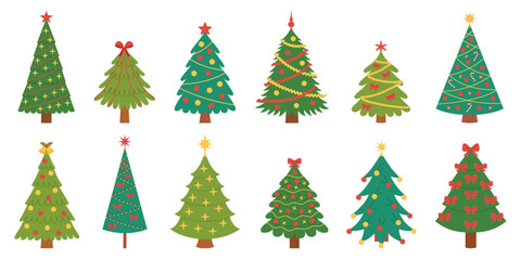 Set of decorative Christmas trees in various festive styles, featuring ornaments, stars, bows, lights, holiday colors. For scrapbooking, card, decor, patterns, kids design. Flat vector. Hand drawn.