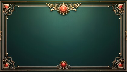 Elegant art deco frame with rich gold details and red gems on dark green background. Offers ample negative space for text or design elements, suitable for invitations or luxury branding.
