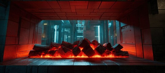 Futuristic Red Heat Module with Holographic Fire in Sci-Fi Interior