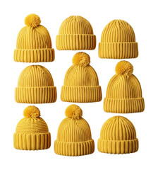 Bright yellow knitted beanies displayed product top view isolated on transparent background