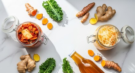 Top view healthy probiotic fermented foods on white background with copy space. Kimchi sauerkraut yogurt kombucha bread nuts berries. for diet nutrition blog, wellness menu, healthy eating concept