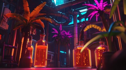 Cyberpunk laboratory with neon plants and glowing liquid bottles background art