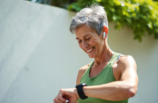 Active senior woman checks fitness tracker before run outdoor. Mature female looks at smartwatch, monitor activity, heart rate, controls time on street. She wears wireless headphones, sporty clothes.