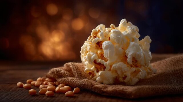 Shallow-depth macro photograph of raw and popped popcorn together, light playing on their textures, warm earthy tones on a textured brown surface