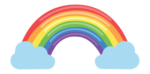 Illustration of a rainbow with red orange yellow green blue indigo and violet colors with clouds on white
