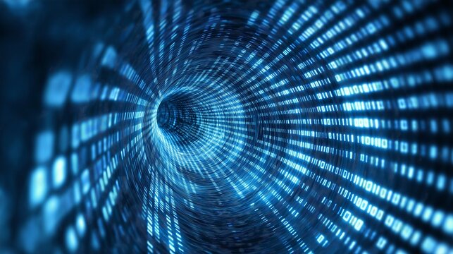Blue tunnel of digital data with binary code flowing through a network