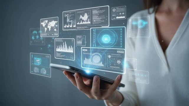 Professional holding device accessing futuristic big data dashboards worldwide interface streaming performance metrics and global network information instantly - Powered by Adobe