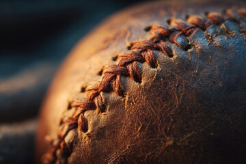 Macro Shot of Aged Baseball Leather with Worn Seams in Warm Lighting