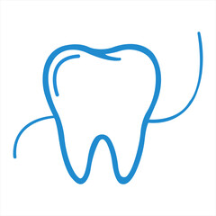 Illustration of a tooth with dental floss in blue color on a white background simple and clean design