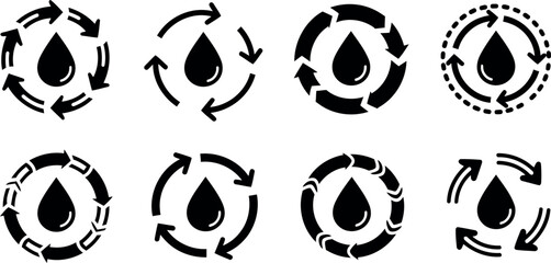 Water drop recycle icons set isolated on transparent background