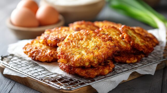 Delicious homemade potato pancakes with spring onions on a rustic wire rack for comfort food lovers,National Fritters Day - Powered by Adobe