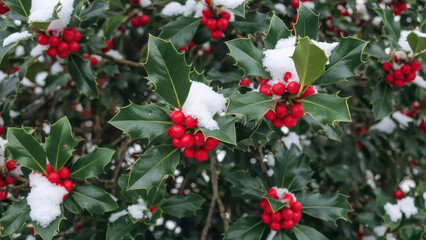 Obraz premium Snow-covered holly plant with red berries and green leaves for Christmas cards, seasonal blogs, festive designs, winter-themed websites, botanical illustrations, and holiday educational materials
