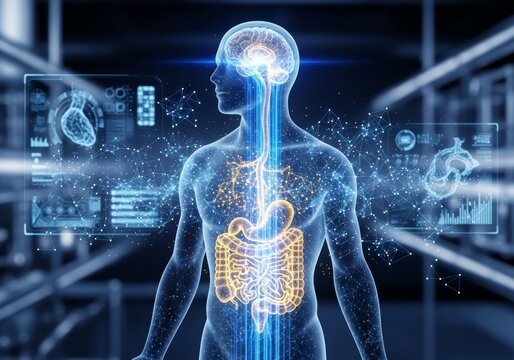 3D medical illustration showing connection between human brain and gut through glowing neural network. Concept gut-brain axis, mental health link. Ideal for medical research, psychology articles