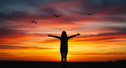 Fototapeta premium Silhouette of a woman with open arms at vibrant sunset freedom concept