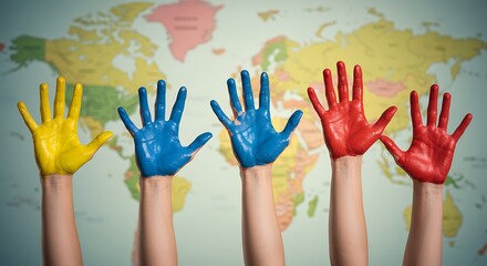 Unity and Diversity Hands Painted in Different Colors World Map Backdrop