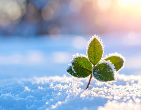 Peque&ntilde;a planta verde cubierta de hielo y escarcha, en la nieve en un paisaje de frio invernal con c&aacute;lida luz de amanecer, concepto de resistencia de la vida, resiliencia fragilidad y supervivencia
