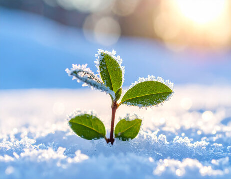 Peque&ntilde;a planta verde cubierta de hielo y escarcha, en la nieve en un paisaje de frio invernal con c&aacute;lida luz de amanecer, concepto de resistencia de la vida, resiliencia fragilidad y supervivencia