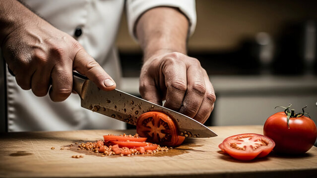 A chef's meticulous hands skillfully slice a fresh tomato on a wooden cutting board, preparing ingredients for a culinary masterpiece.