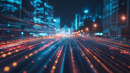 Fototapeta premium Digital road in urban landscape with flowing light trails. High-speed data transfer concept