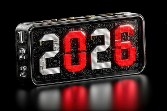 Digital year counter shows 2026 in red and white lights with a modern high-tech look
