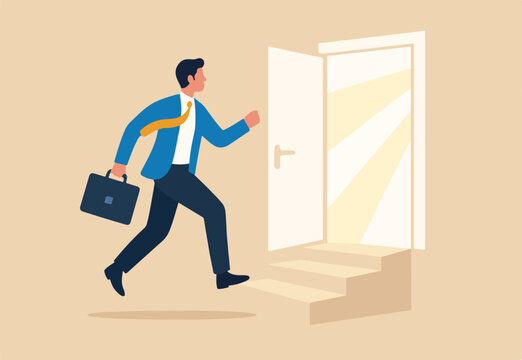Change job, career transition or move to new opportunity, employee turnover, resignation or leave company, new job, employment, recruitment concept, businessman leave open door to new opportunity.