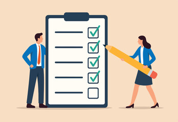 Checklist or checkmark for task completion, survey or questionnaire, finish work or accomplishment, get thing done or tick the checkbox concept, business people hold checklist and pencil to tick