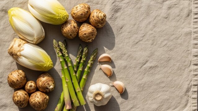 Flat lay arrangement prebiotic foods chicory asparagus artichokes garlic bananas beige linen. Healthy gut nutrition concept for diet plans wellness blogs food magazines. - Powered by Adobe