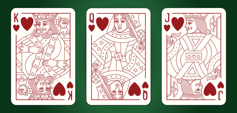 Plauing cards set: King, Queen and Jack of Hearts. Vector editable illustrations. Classic design. 