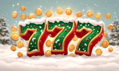 Festive 777 digits in red and green with snow on top, surrounded by falling gold coins on a winter background