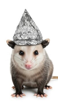 opossum wearing a tinfoil hat, paranoid, paranoia, on a white background, animal photo