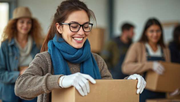 Group of volunteers pack boxes at food bank. Smiling woman with glasses wears gloves and scarf. People work together at community center. Charity project concept with aid and support.