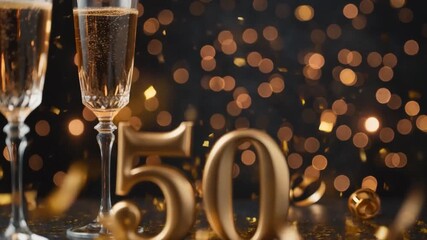 Elegant 65th anniversary celebration with sparkling champagne flutes, golden confetti, festive ribbons and bokeh lights creating a luxurious party atmosphere.	