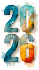 Abstract Watercolor Numbers 2026 in Vertical Stack. Artistic New Year, Handcrafted Greeting, Splash Texture.