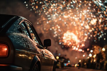 Car parked under fireworks celebrating New Year