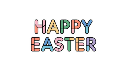 Happy easter text with pastel colored letters and black outline on white background