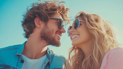Fototapeta premium Joyful young couple with curly hair and stylish sunglasses sharing happy moment outdoors, gazing at each other with beaming smiles under clear sunny sky
