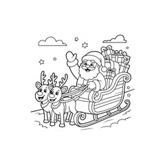 a charming black and white illustration of santa claus riding his reindeer pulled sleigh through the winter sky silhouette