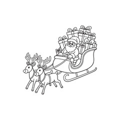 a festive illustration depicts santa claus riding his sleigh pulled by two reindeer loaded with gifts silhouette