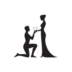 A romantic scene of a man proposing to a woman with a heart shaped gem beautifully rendered in silhouette