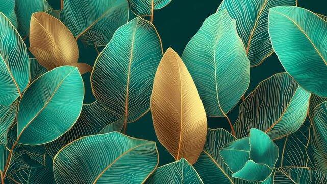 A green leaf with gold veins is the main focus of the image. The leaf is surrounded by other green leaves, creating a lush and vibrant scene. The gold veins add a touch of elegance
