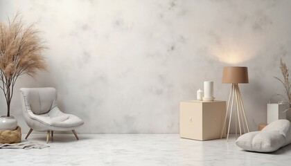 Minimalist room interior with beige armchair, modern floor lamp, dried pampas grass, and stone texture wall. Clean, calm space. Beige furniture and neutral colors.