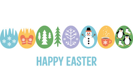 Whimsical winter easter egg collection featuring snowmen penguins hot cocoa and trees