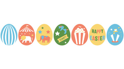 Happy easter greeting with circus themed decorated eggs and festive elements on a white background