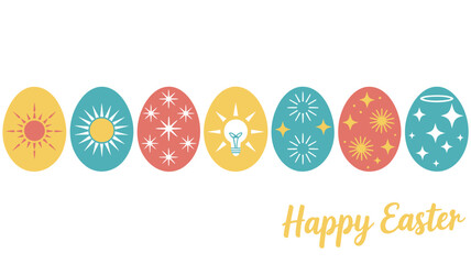 Happy easter greeting with colorful decorated eggs featuring suns stars light bulb and fireworks designs