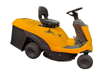 yellow garden lawn mower isolated on white background