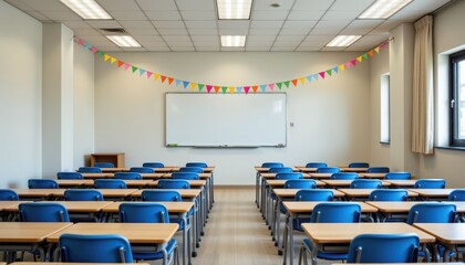 Bright and Welcoming Classroom with Colorful Decorations and Desks Ready for Learning
